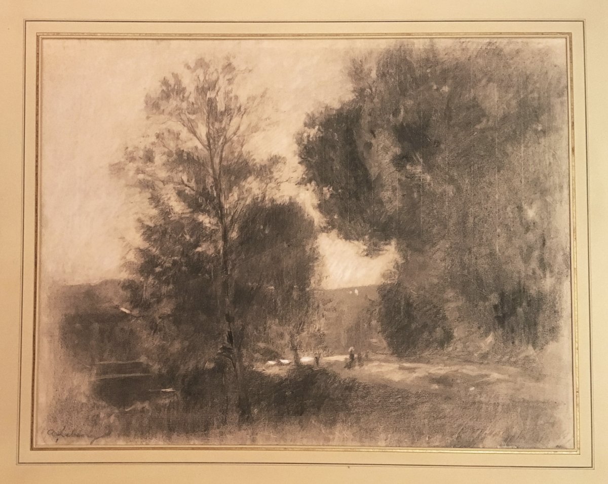 Lebourg Albert, School Of Rouen "landscape" Drawing In Black Pencil And White Chalk, Signed-photo-2