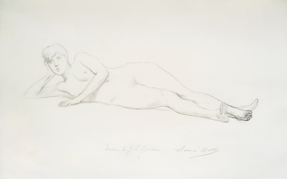 Gerome Jean Léon (1824-1904) "nu Allongé" Dessin Au Crayon Noir, Annoté Et Contresigné