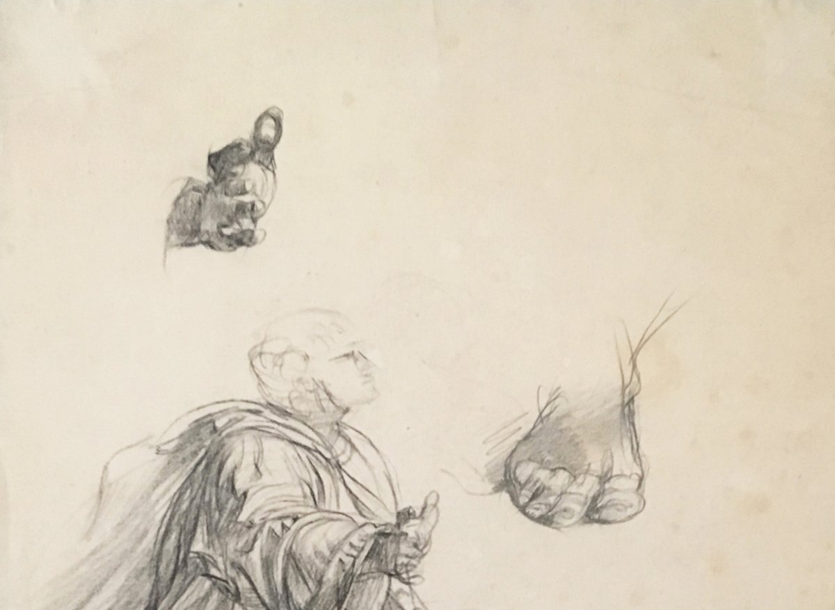 Janmot Louis (1814-1892) "draped Man, Study Of Hand And Feet" Drawing/black Pencil, Signed-photo-2