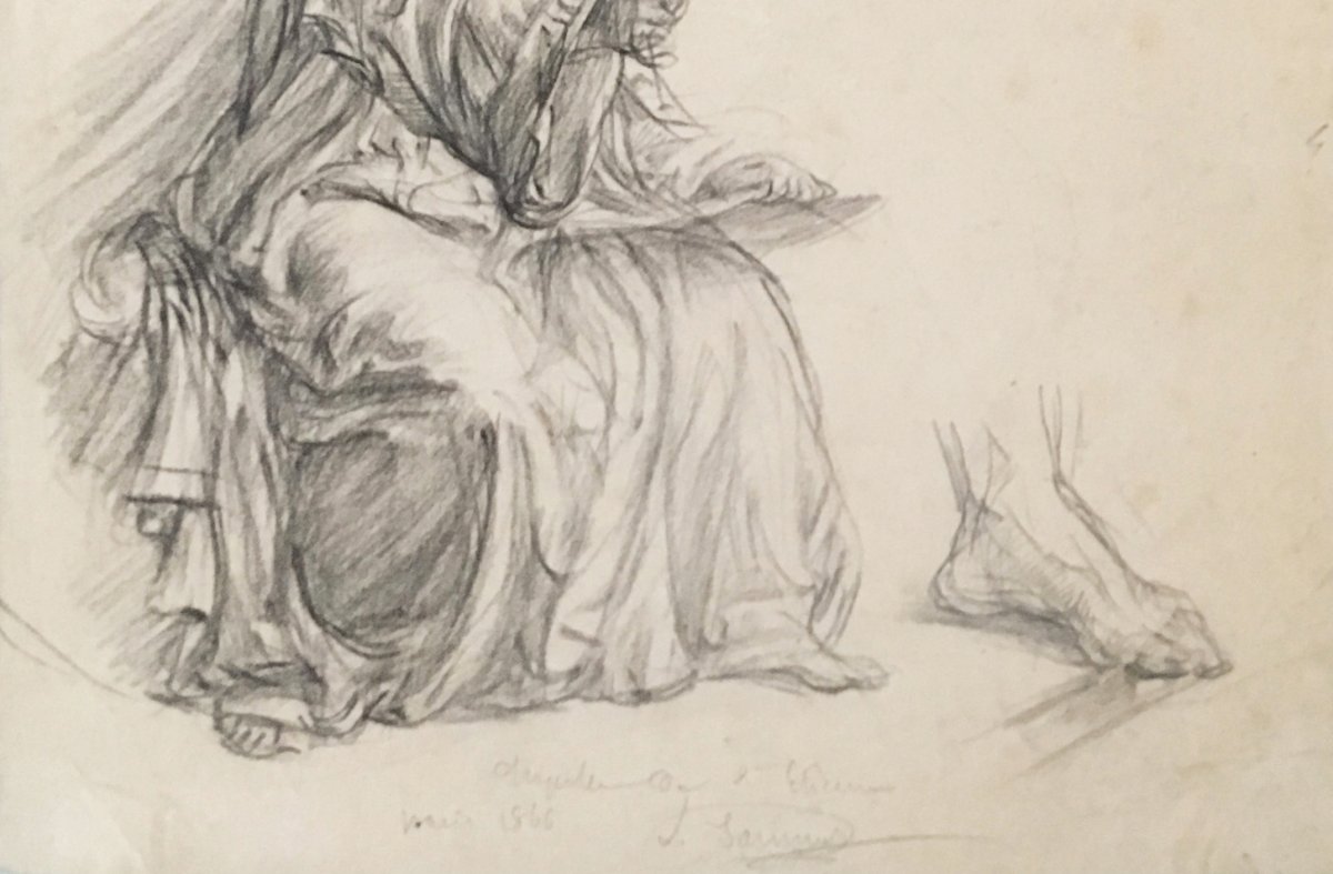 Janmot Louis (1814-1892) "draped Man, Study Of Hand And Feet" Drawing/black Pencil, Signed-photo-3
