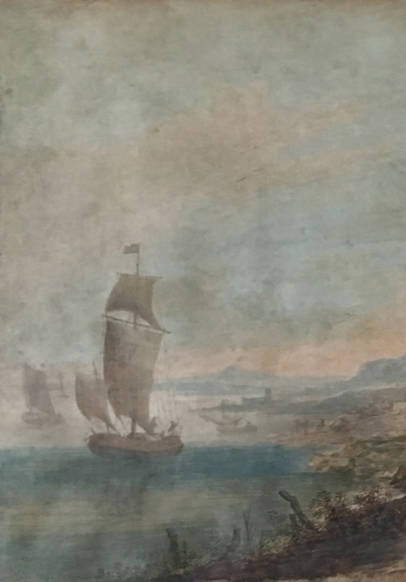 Flemish School Around 1700 "landscape With Boats" Watercolor And Gouache-photo-2