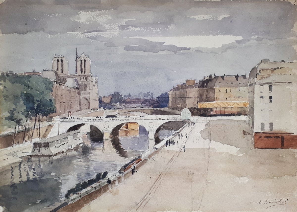 Le Senechal De Kerdreoret Gustave Edouard (1840-1920) "view Of Paris" Watercolor, Signed