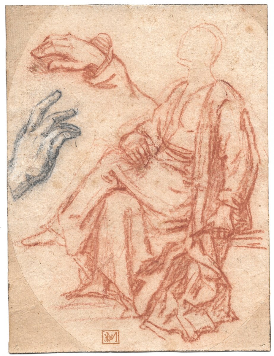 Italian School 17th "draped Figure & Study Of Hands" Drawing / Red Chalk, Black Stone, Provenance-photo-4