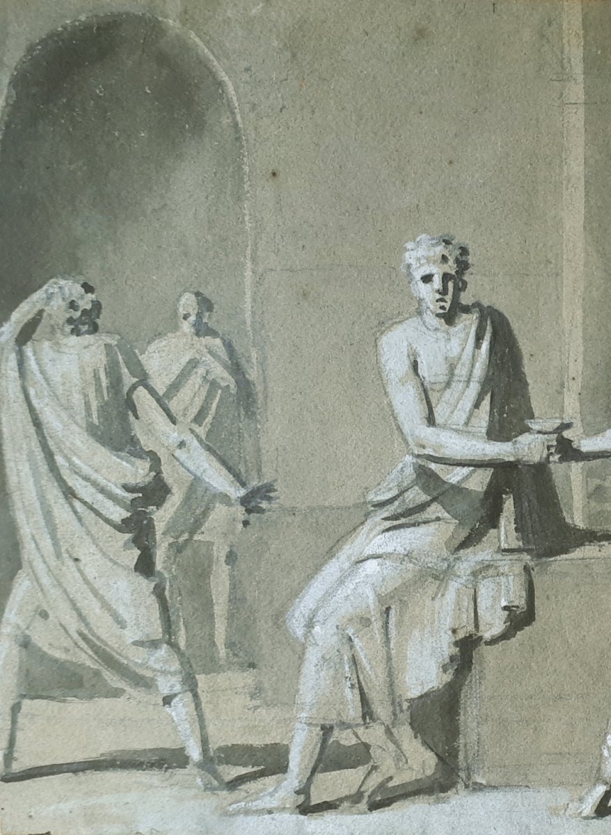 French School Late 18th "mythological Scene" Drawing With Gray Wash And White Gouache-photo-2