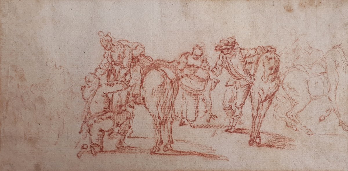 Flemish School Late 17th "characters And Horses" Drawing In Red Chalk-photo-2