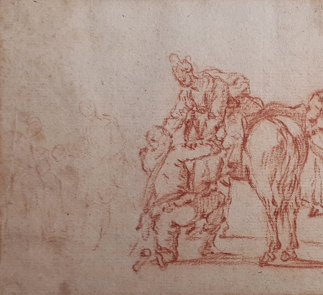 Flemish School Late 17th "characters And Horses" Drawing In Red Chalk-photo-3
