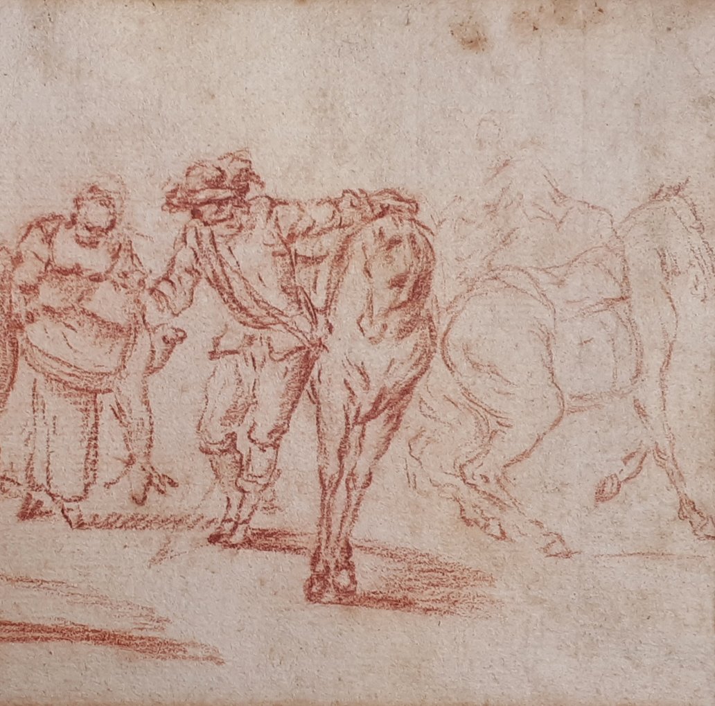 Flemish School Late 17th "characters And Horses" Drawing In Red Chalk-photo-4