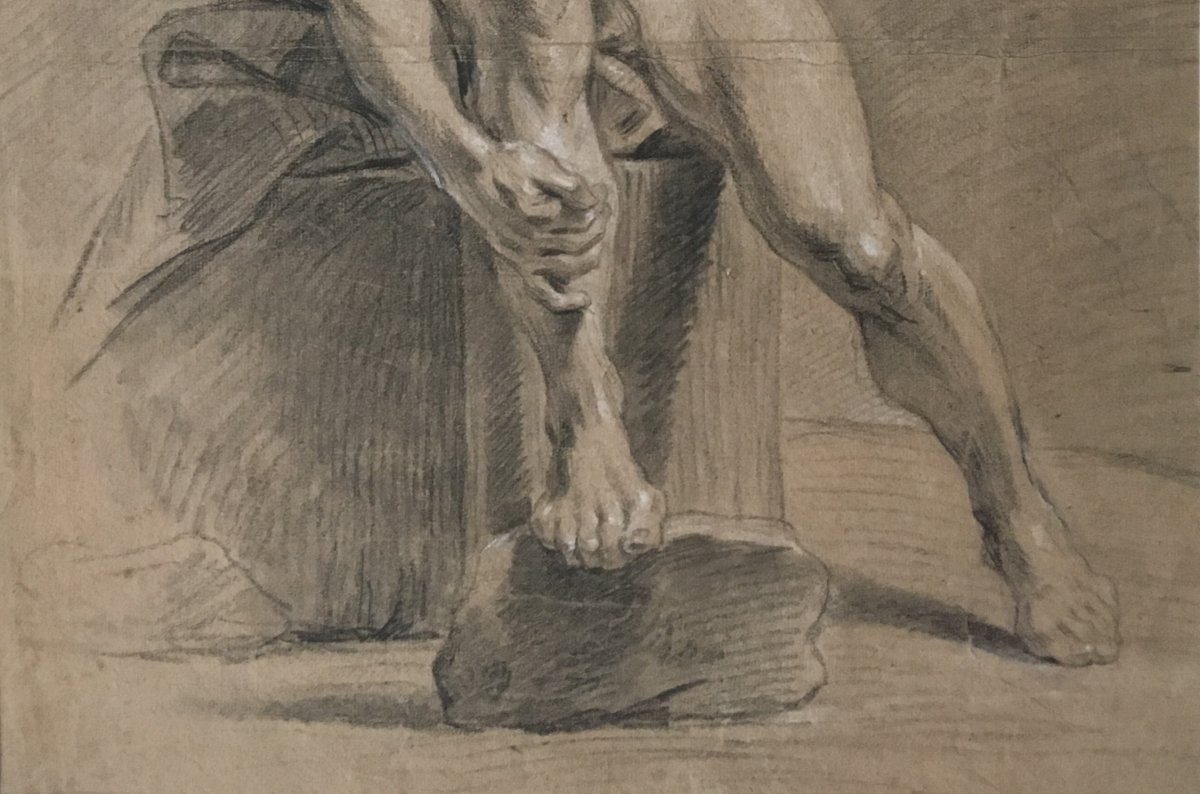 French School 18th "academy Of A Seated Man" Drawing / Black Chalk And White Chalk-photo-3
