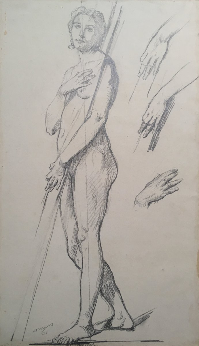LEHMANN Henri (1814-1882) "Personnage et étude de mains" Dessin au crayon noir-photo-2