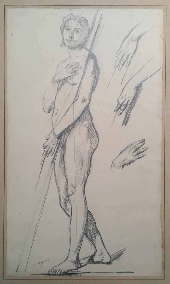 LEHMANN Henri (1814-1882) "Personnage et étude de mains" Dessin au crayon noir