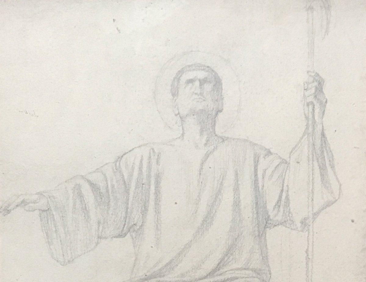 FLANDRIN Hippolyte (1809-1864) "Un Saint assis" Dessin/crayon noir, Signé du cachet signature-photo-2