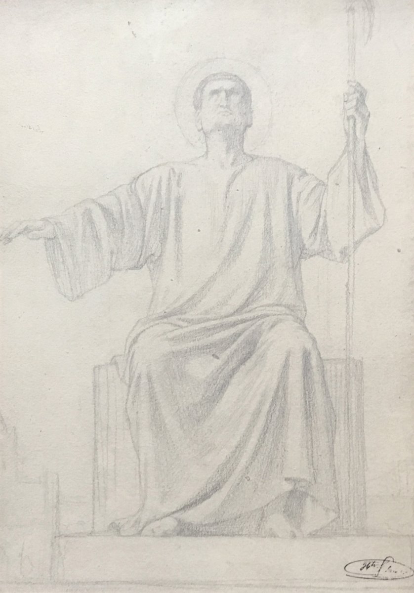 FLANDRIN Hippolyte (1809-1864) "Un Saint assis" Dessin/crayon noir, Signé du cachet signature