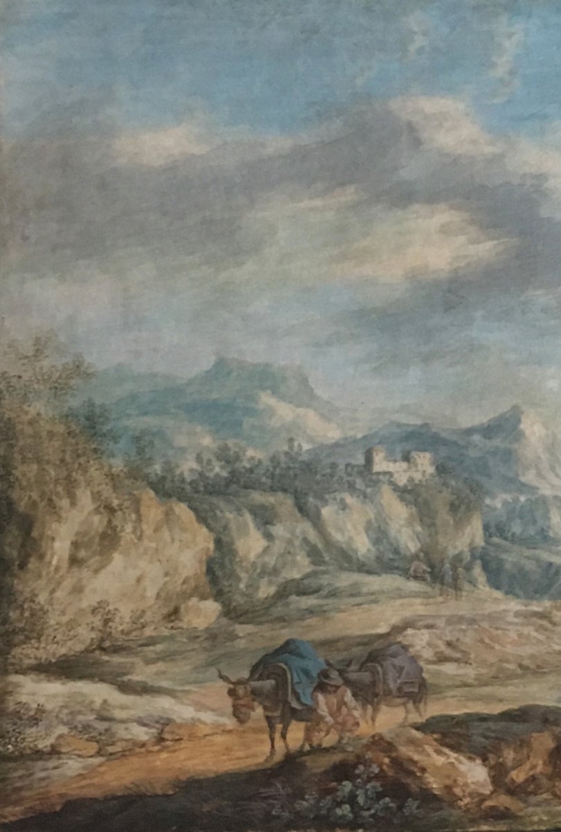 Flemish School Circa 1700 "peasant And His Two Donkeys" Drawing / Watercolor And Gouache-photo-2