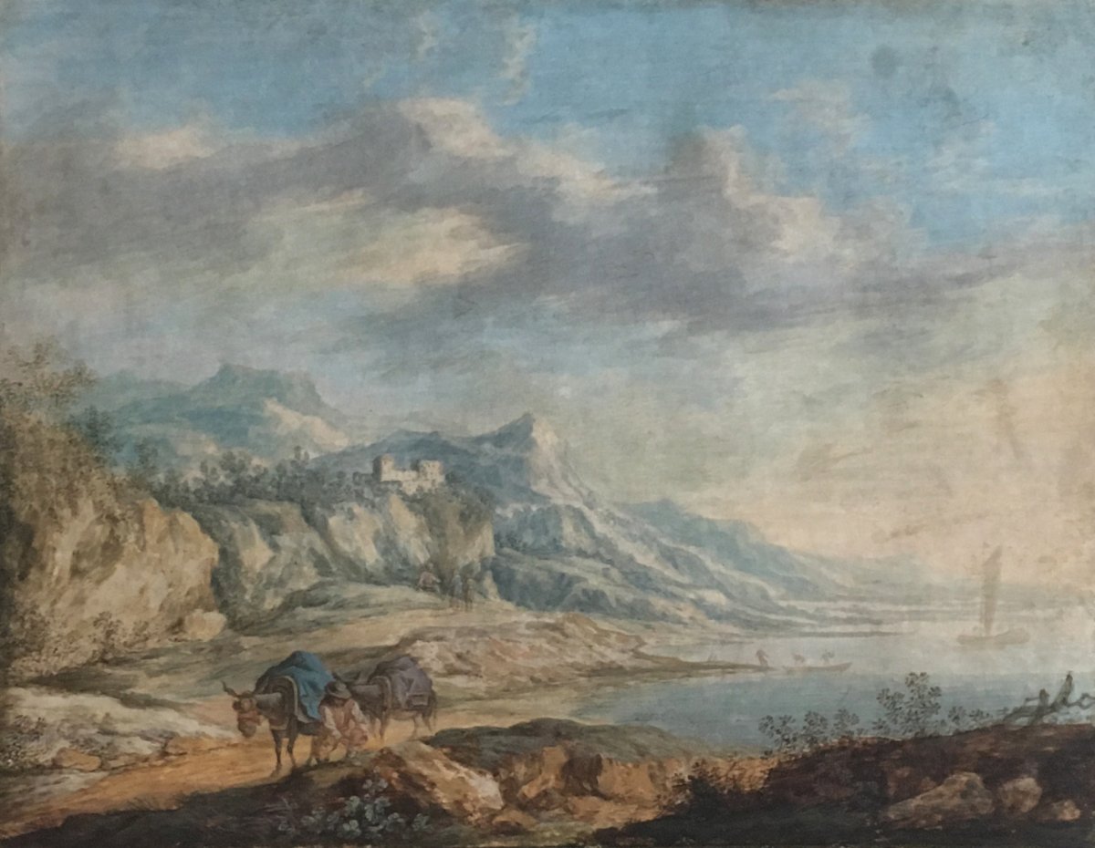 ECOLE DU NORD VERS 1700 "Paysan et ses deux ânes" Dessin/Aquarelle et gouache