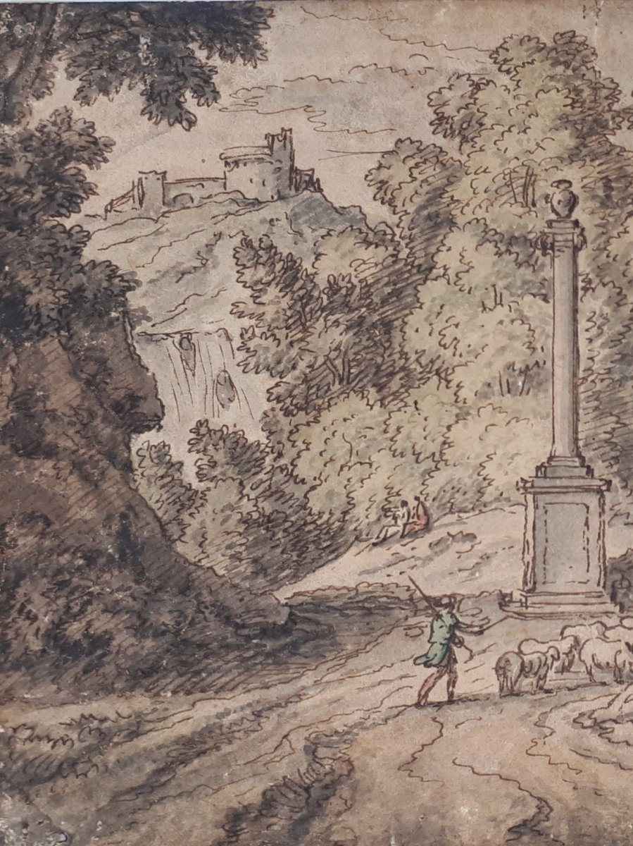 MILLET Francisque (1642-1679) Attribué à "Paysage et berger" Dessin/Plume, lavis et aquarelle-photo-2