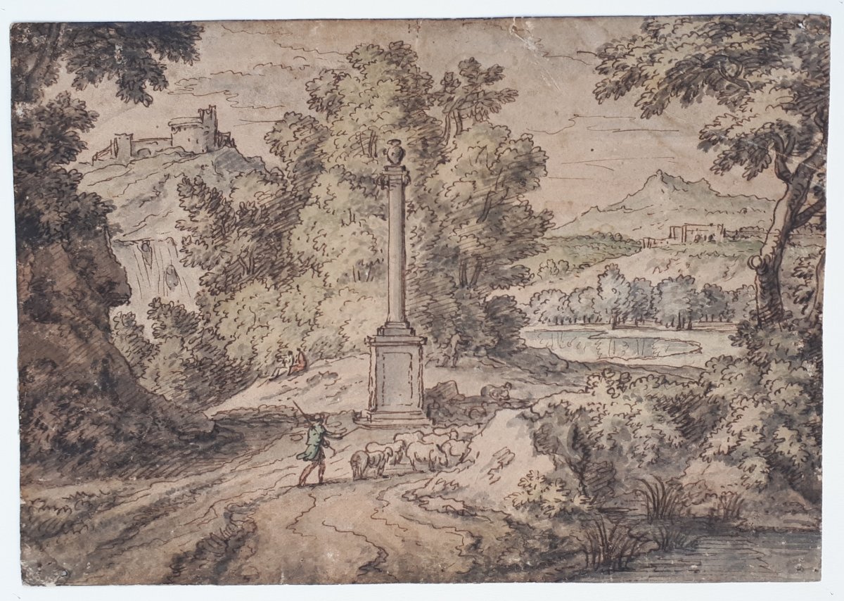 Millet Francisque (1642-1679) Attributed To"landscape & Shepherd" Drawing/pen,wash & Watercolor-photo-4