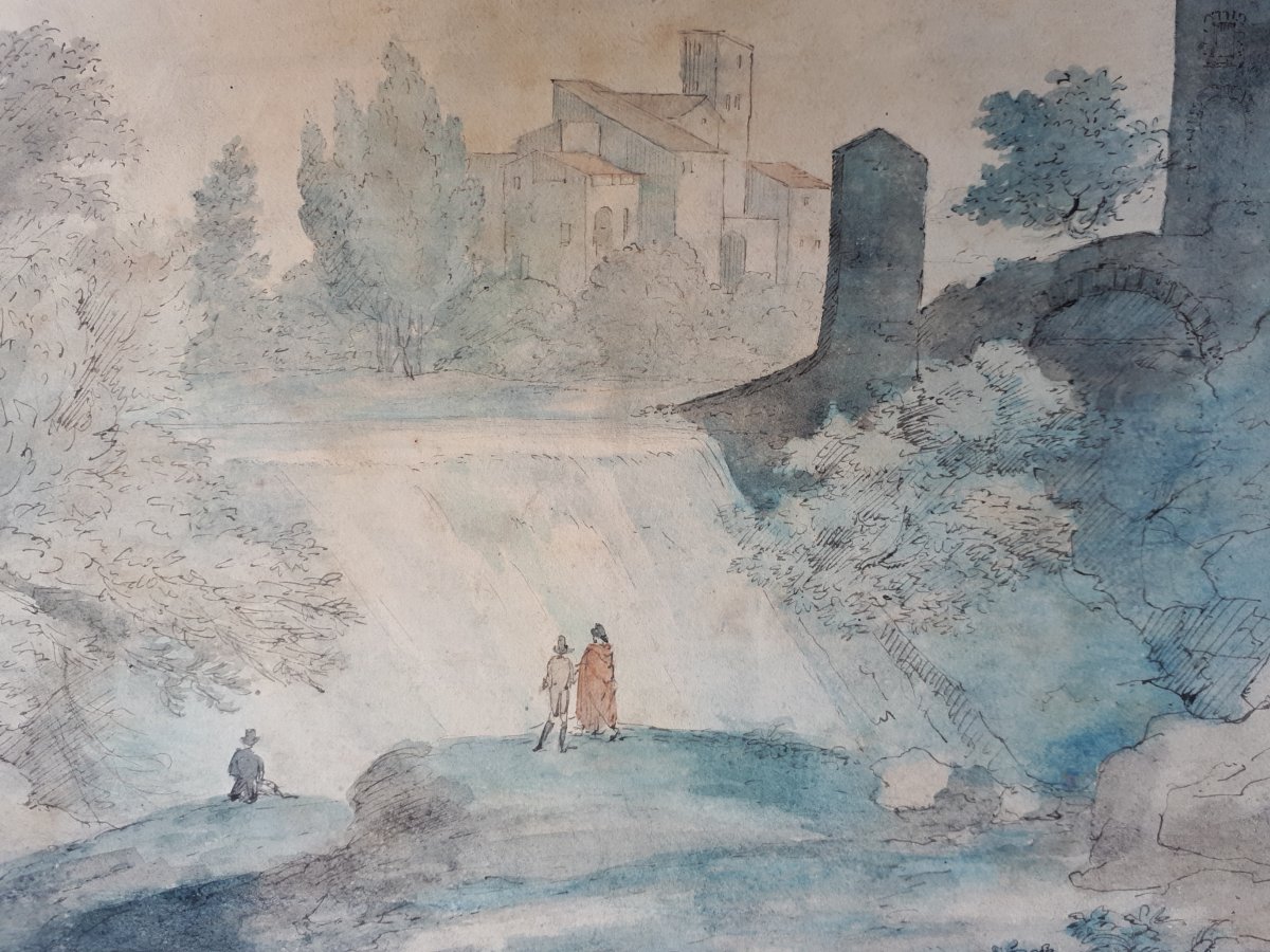 English School Late 18th "animated Landscape" Drawing/pen And Watercolor