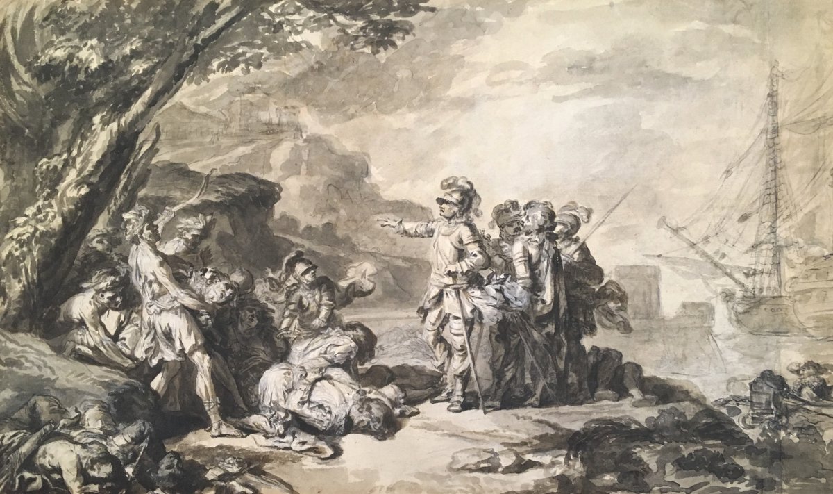 Loutherbourg Philippe-jacques De (1740-1812) "the Discovery Of America" Drawing / Pen, Wash