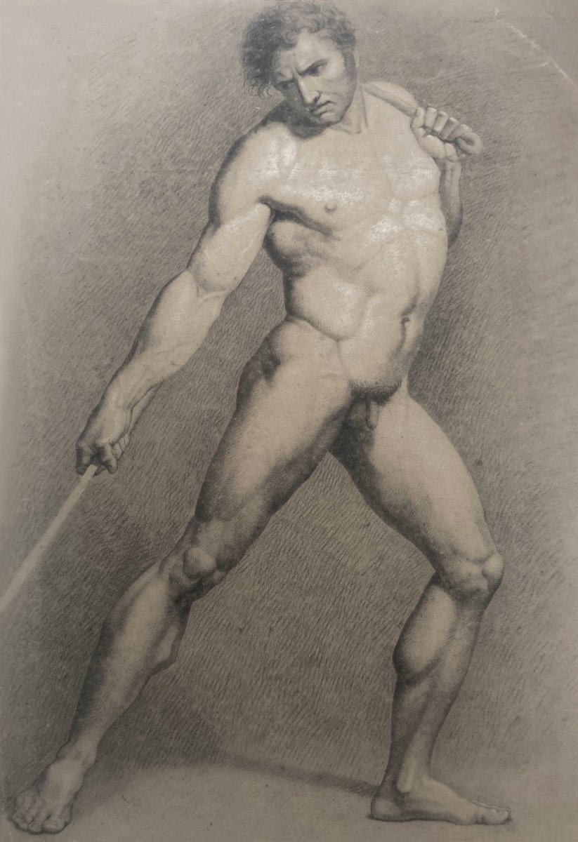 Benvenuti Pietro (1769-1844) "academy Of Man" Drawing/black Chalk And White Chalk