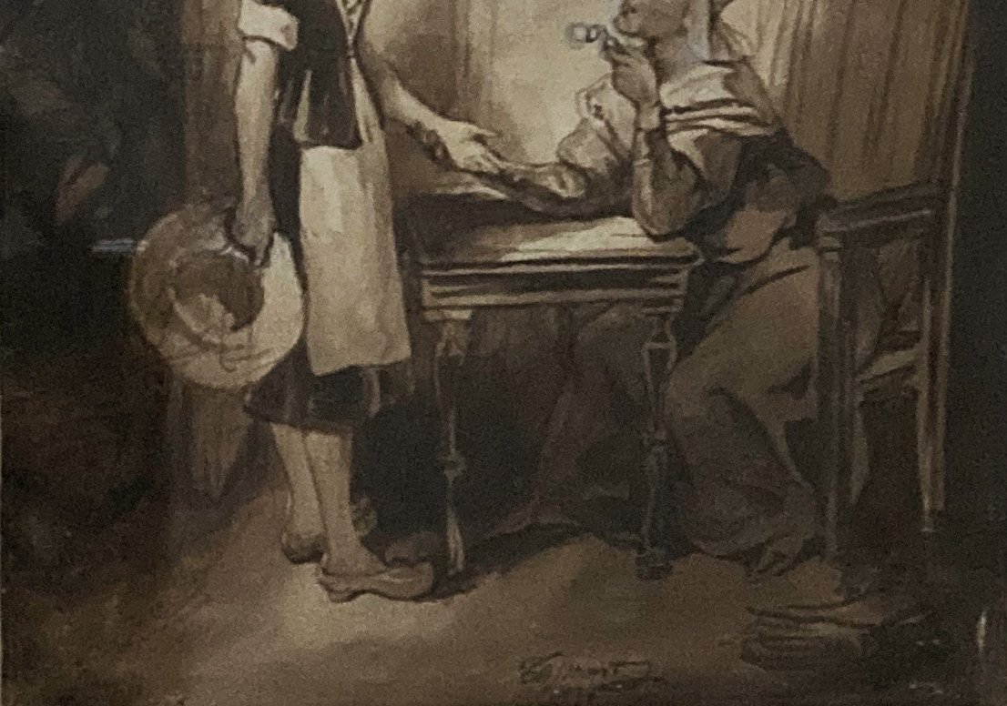 Tassaert Octave (1800-1874) "the Fortune Teller" Drawing/brown Wash, Signed, 19th Frame-photo-4