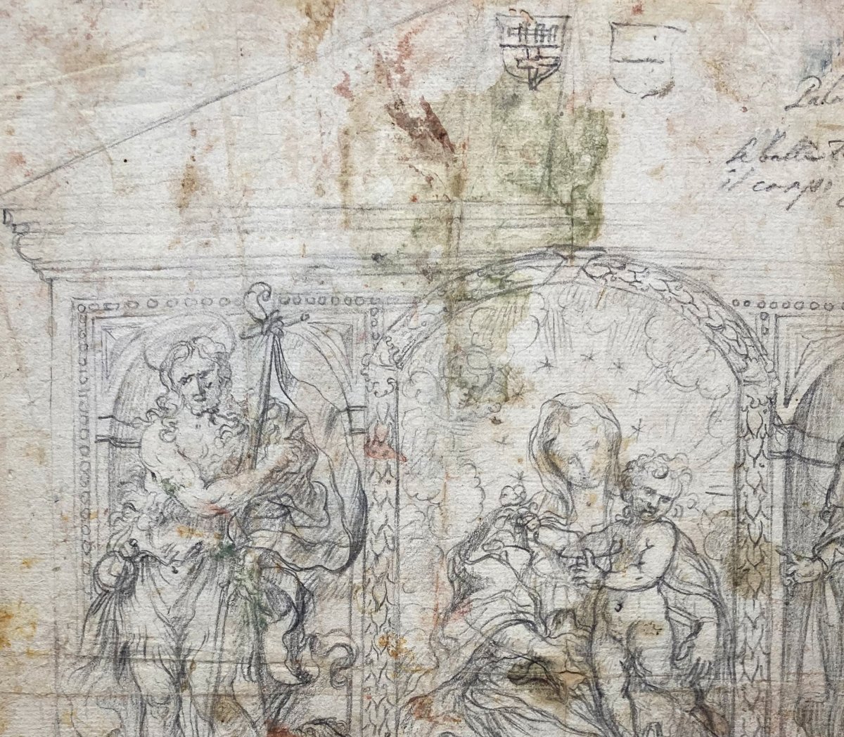 Italian School Late 17th "virgin And Child And St John The Baptist" Drawing / Black Chalk-photo-2