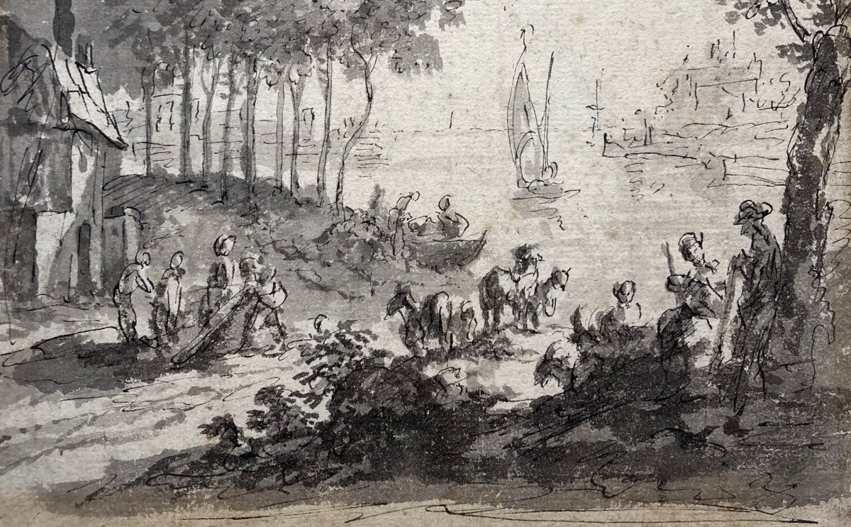 Flemish School 18th Century "landscape At A River" Drawing/pen And Gray Wash-photo-3