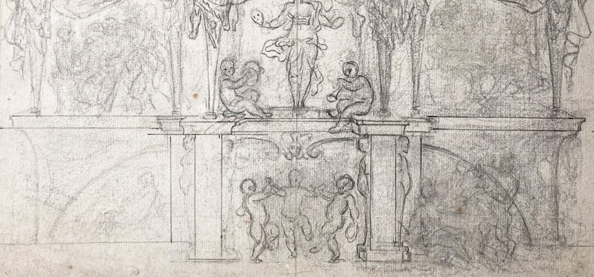 ECOLE  FRANÇAISE FIN 17E SIECLE "Projet de décoration, d'architecture" Dessin/Pierre noire-photo-3