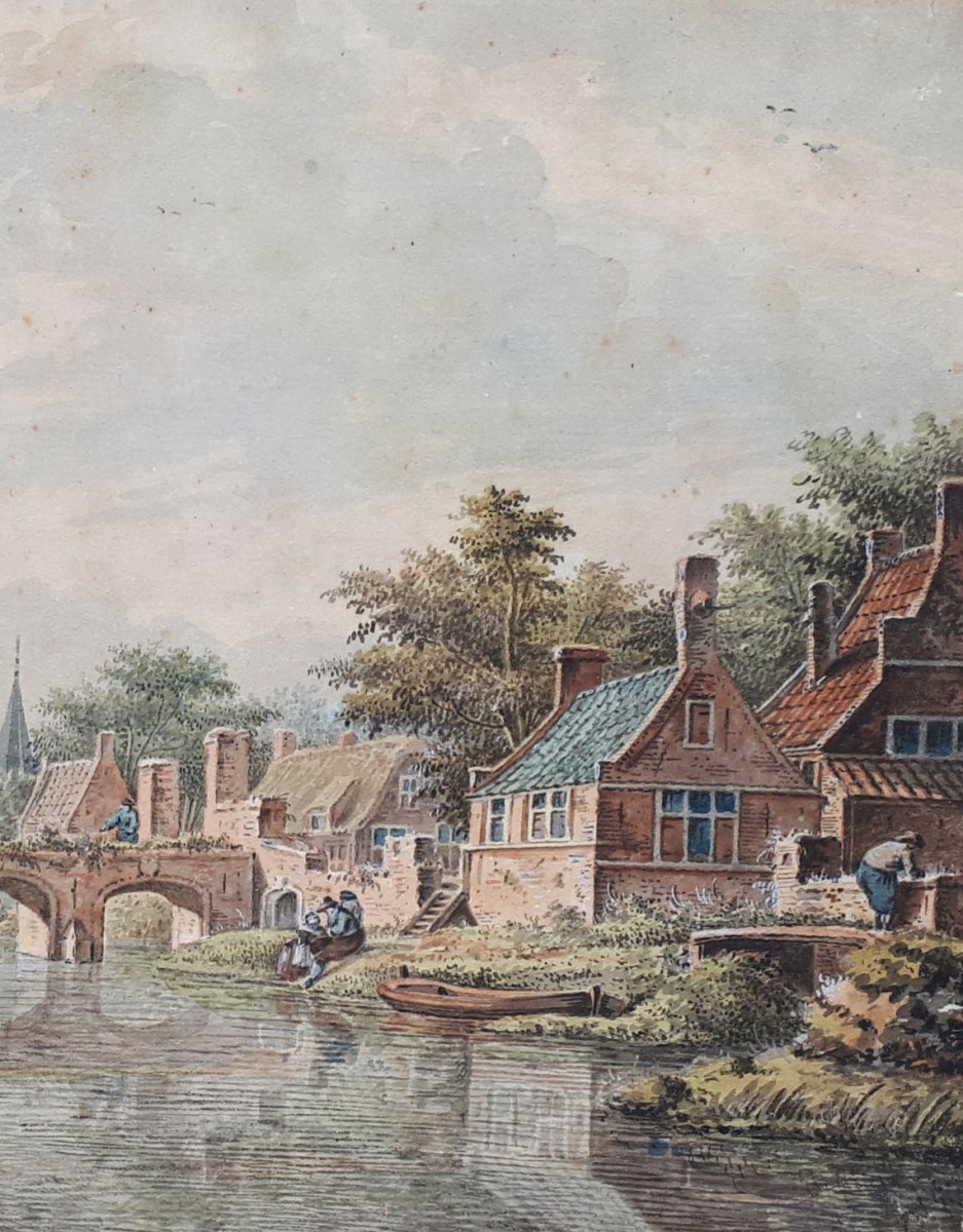 VERRYK Dirk (1734-1786) Ecole Hollandaise "Personnages au bord d'une rivière" Aquarelle-photo-3