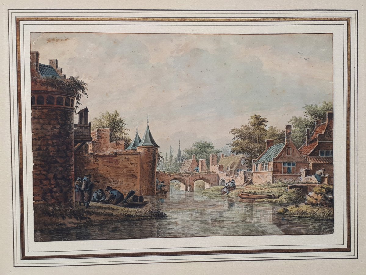 VERRYK Dirk (1734-1786) Ecole Hollandaise "Personnages au bord d'une rivière" Aquarelle-photo-4