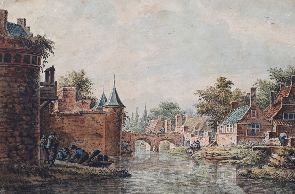 VERRYK Dirk (1734-1786) Ecole Hollandaise "Personnages au bord d'une rivière" Aquarelle