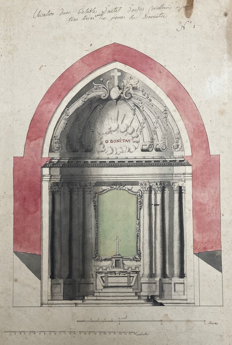 French School 18th Century "study Of An Altar" Drawing/pen, Gray Wash And Watercolor