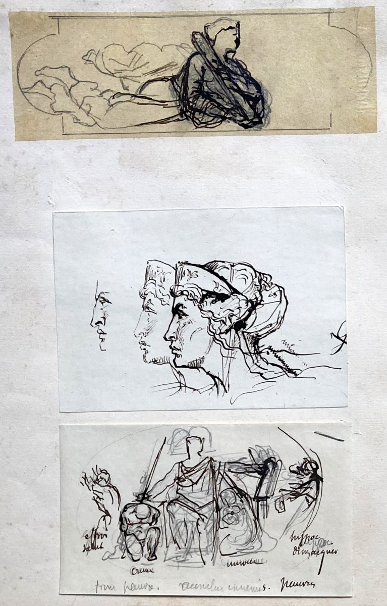 Lehmann Henri (1814-1882) "characters" 5 Drawings On The Same Mount,pen, Black Pencil,red Chalk-photo-3