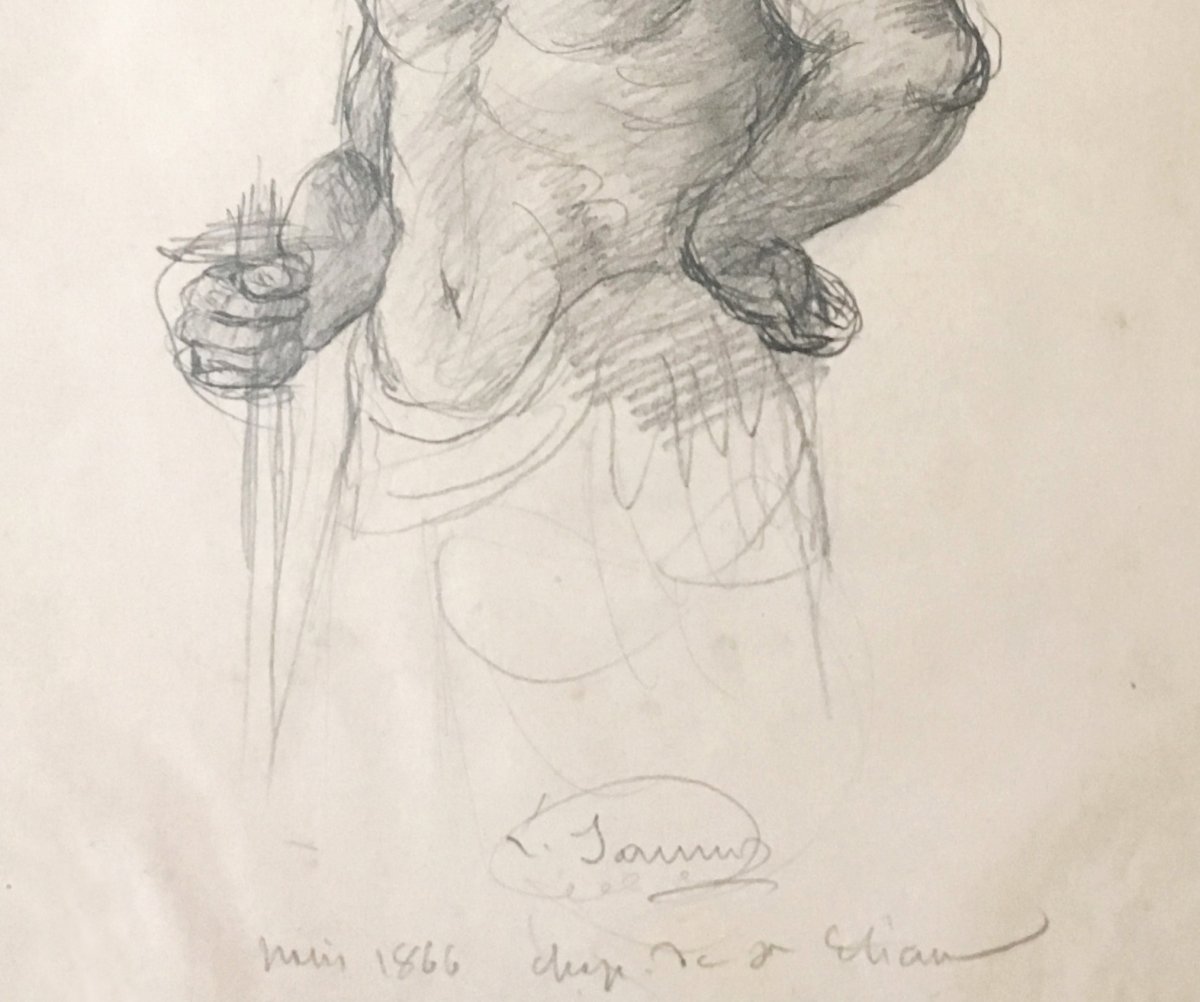 JANMOT Louis (1814-1892) "Etude d'homme torse nu et main" Dessin/Crayon noir,signé, daté, situé-photo-3