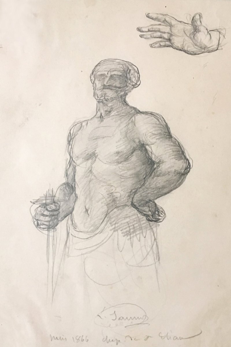 JANMOT Louis (1814-1892) "Etude d'homme torse nu et main" Dessin/Crayon noir,signé, daté, situé