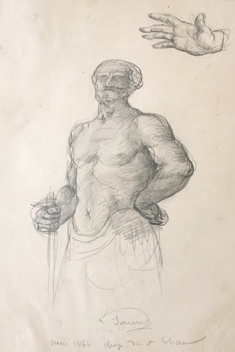 Janmot Louis (1814-1892) "study Of A Shirtless Man And Hand" Drawing / Black Pencil, Signed, Dated, Located