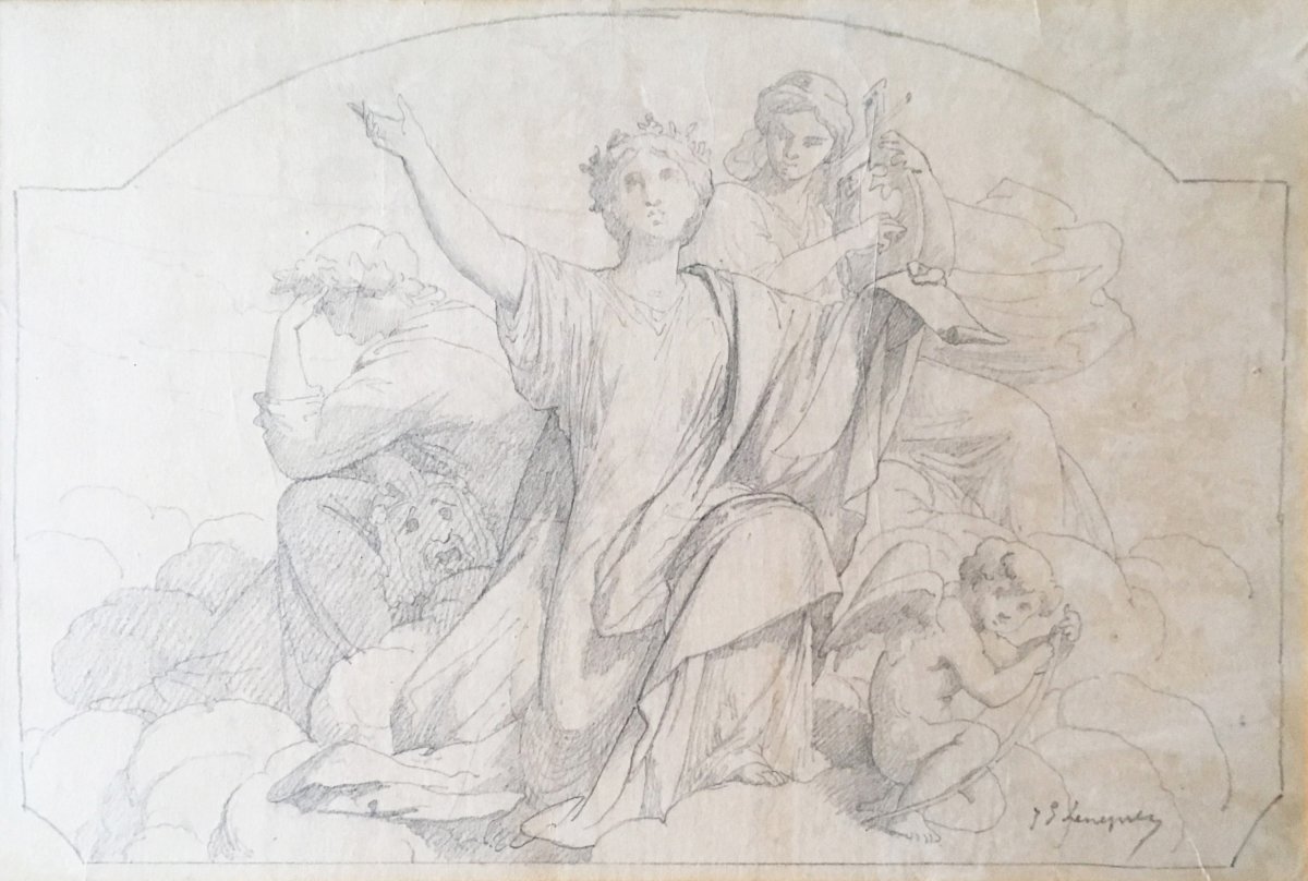 Lenepveu Jules-eugène (1819-1898) "preparatory Study-decor" Drawing / Black Pencil, Signed, Prouté