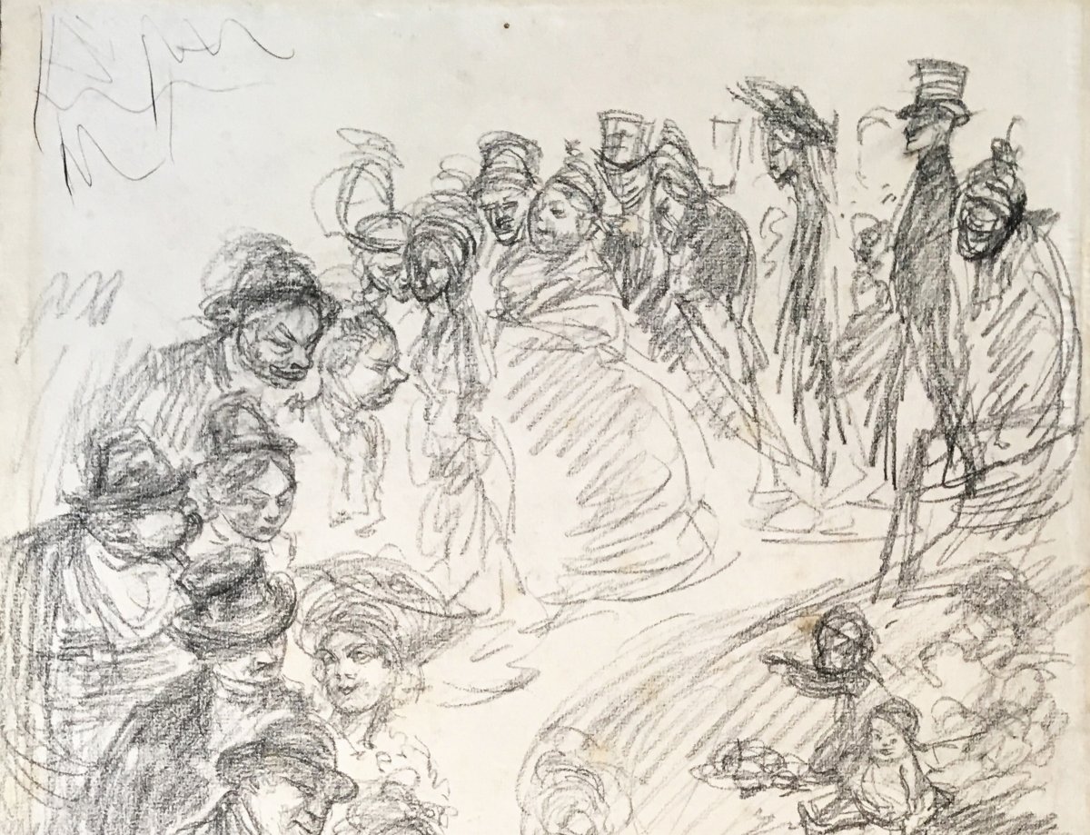 LÉandre Charles (1862-1934) "procession Of Characters" Drawing/black Pencil, Signed-photo-2