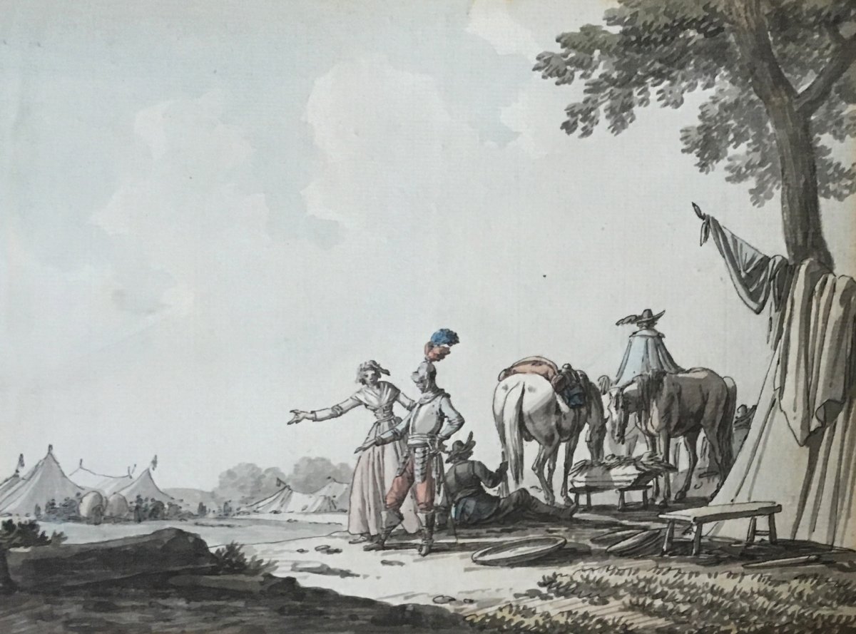 SWEBACH-DESFONTAINES Joseph (1769-1823) "Le campement" Dessin/Plume, lavis gris et aquarelle