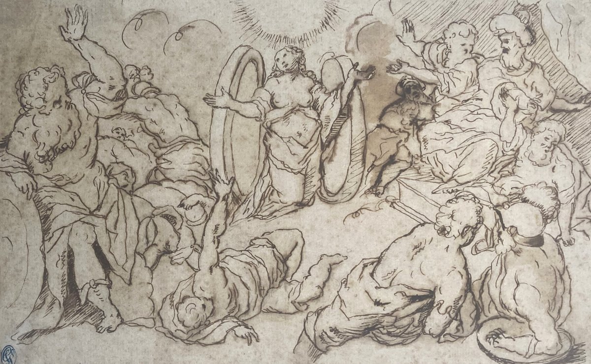 Italian School 17th "religious Scene" Drawing/pen, Provenance Former Collection Giuseppe Valardi