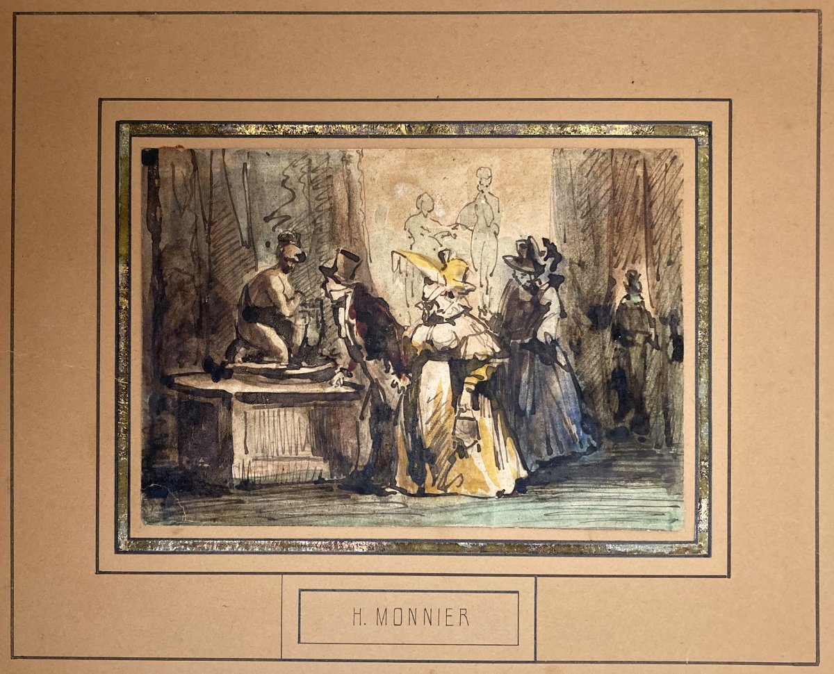 MONNIER Henry (1799-1877) "Au musée" Dessin/Plume et aquarelle-photo-3