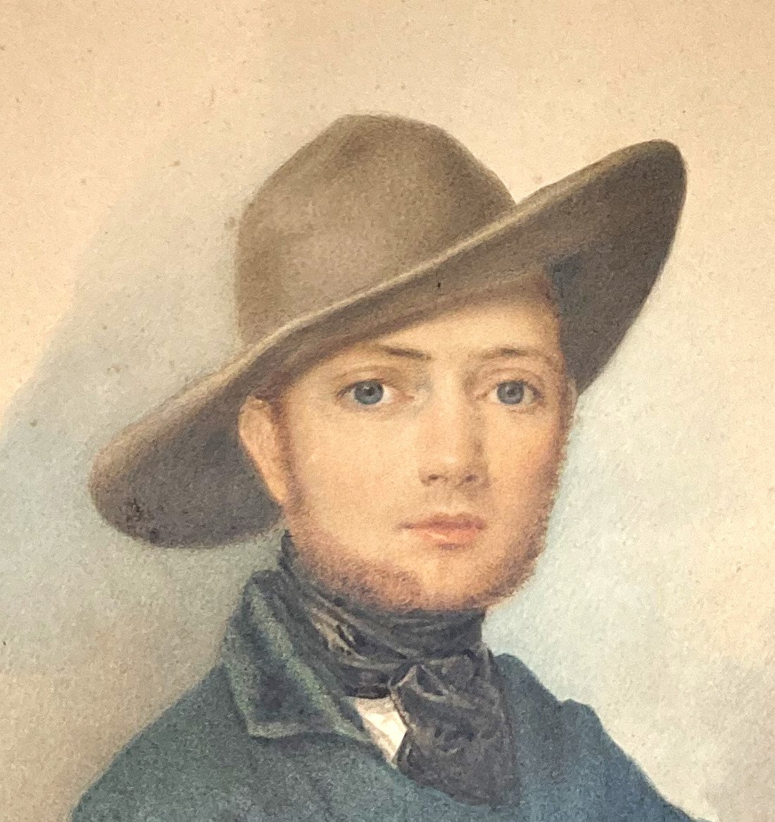 French School Circa 1840 "man With A Hat" Watercolor-photo-4