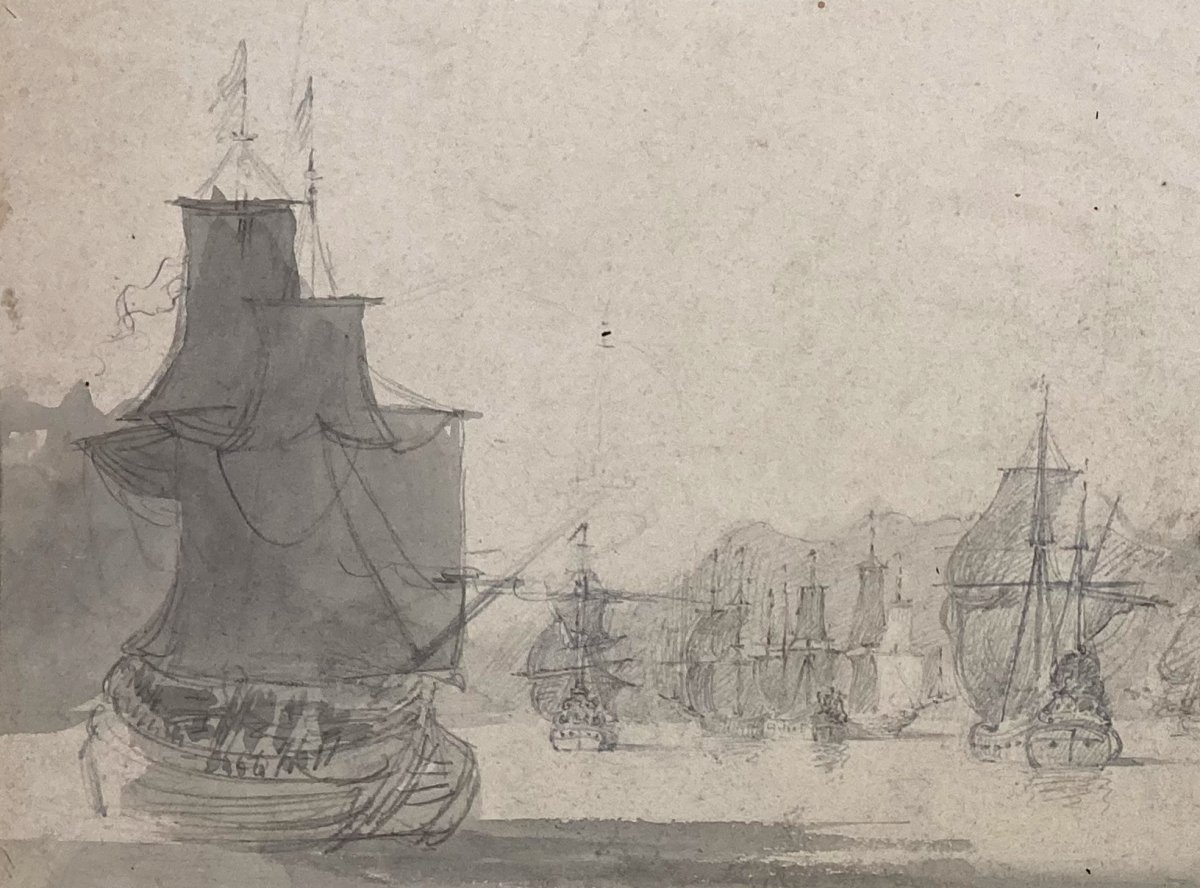 ECOLE FRANÇAISE VERS 1800 "Marine" Dessin/Pierre noire et lavis gris-photo-2