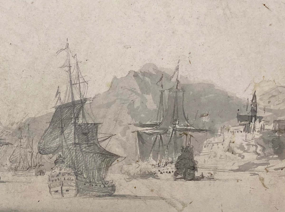 French School Circa 1800 "seascape" Drawing/black Chalk And Gray Wash-photo-3