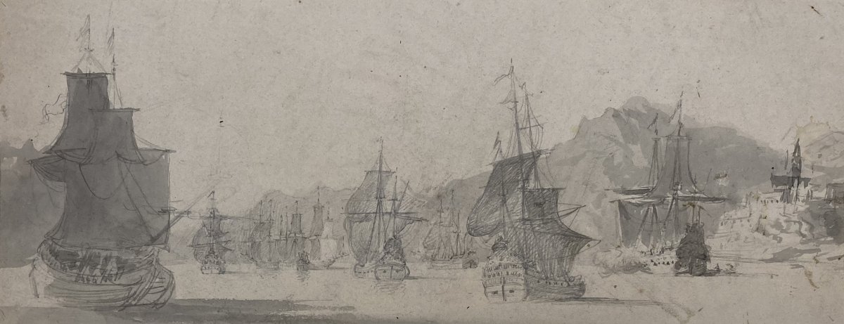 ECOLE FRANÇAISE VERS 1800 "Marine" Dessin/Pierre noire et lavis gris