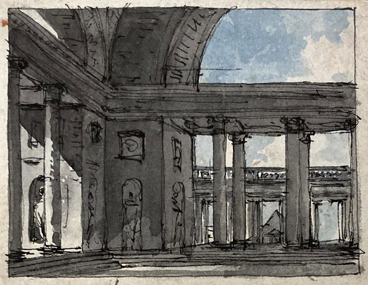NICOLLE Victor-Jean (1754-1826) "Interieur d'un palais" Dessin/Plume et aquarelle-photo-2