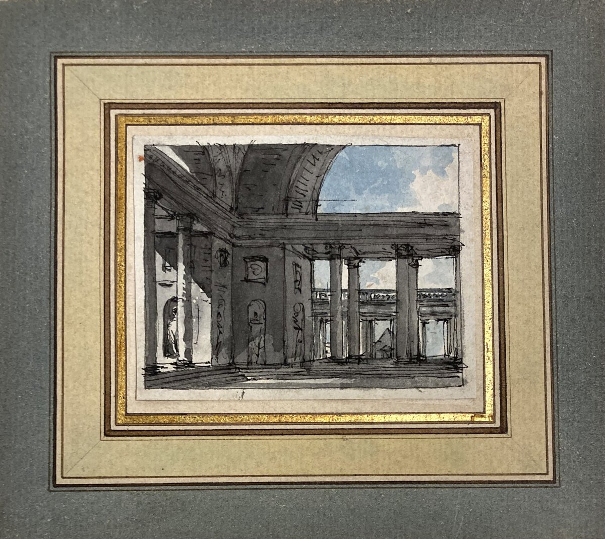 NICOLLE Victor-Jean (1754-1826) "Interieur d'un palais" Dessin/Plume et aquarelle