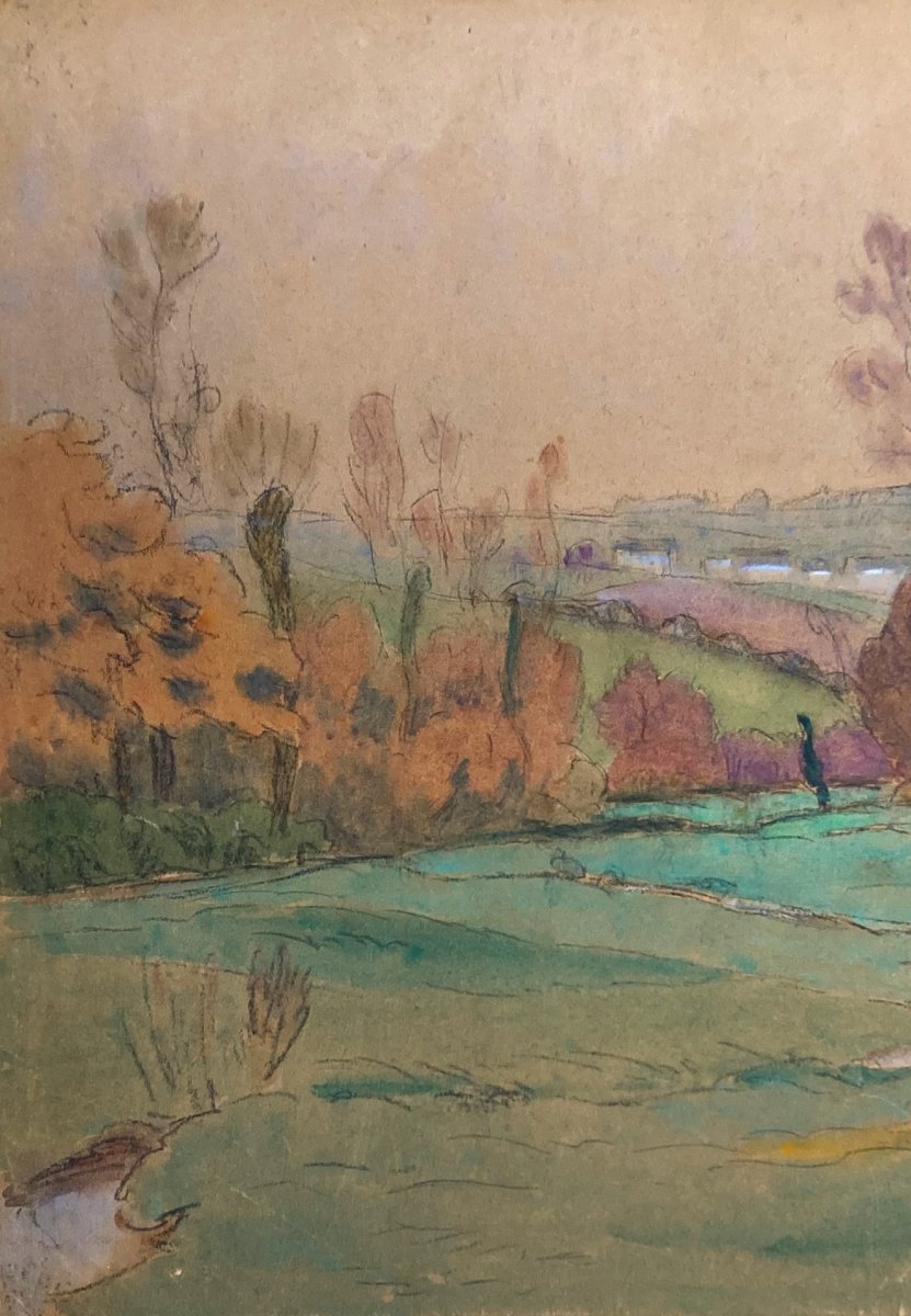 GUILLOUX Charles (1866-1946) "Paysage" Dessin/Crayon noir et aquarelle-photo-2