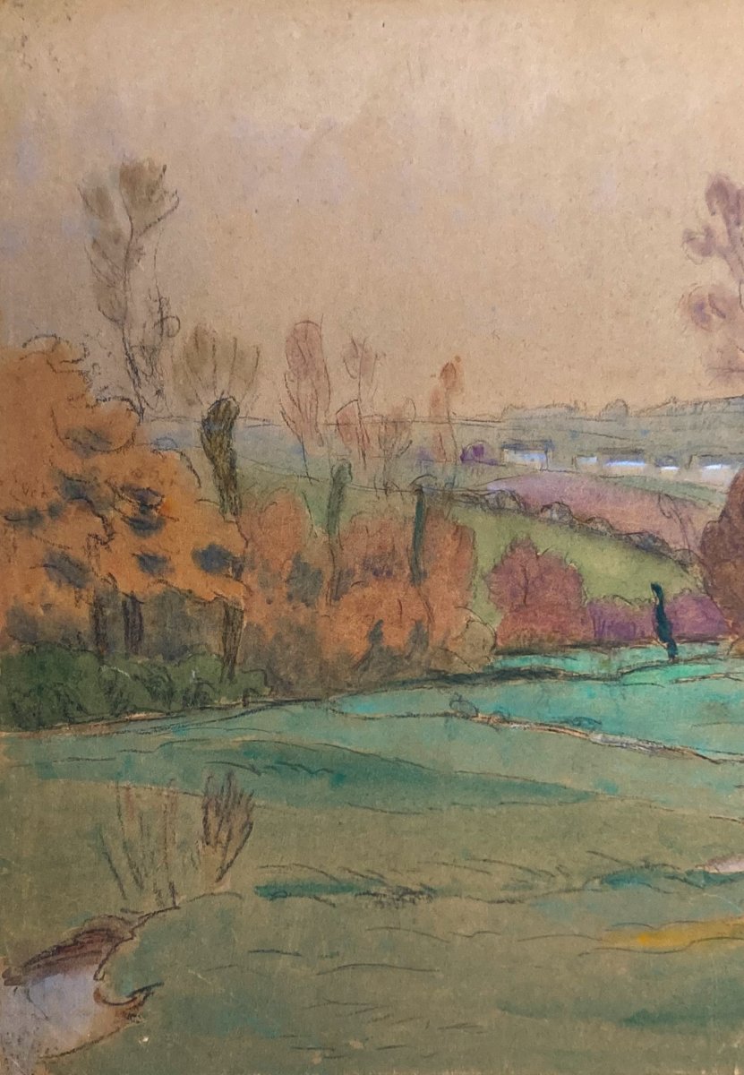 Guilloux Charles (1866-1946) "landscape" Drawing/black Pencil And Watercolor-photo-2