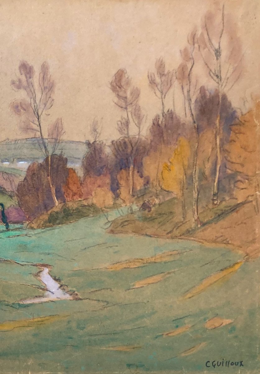 GUILLOUX Charles (1866-1946) "Paysage" Dessin/Crayon noir et aquarelle-photo-3