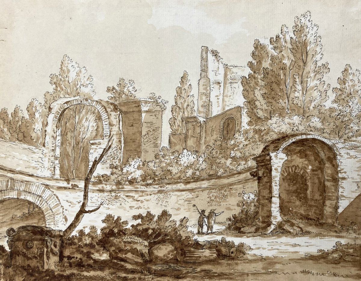 Acquaroni Antonio (1780-1847) "italian Landscape" Drawing/pen And Brown Wash-photo-2